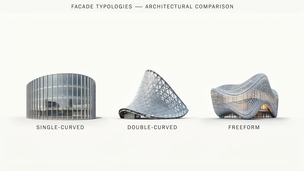 Illustration comparing single-curved, double-curved, and freeform facade systems.