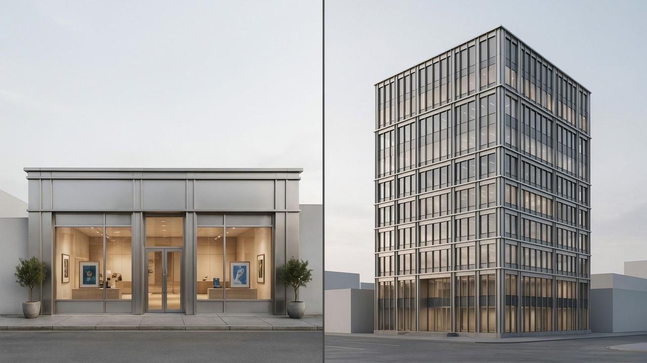 Visual comparison of storefront and curtain wall systems used on different building types.