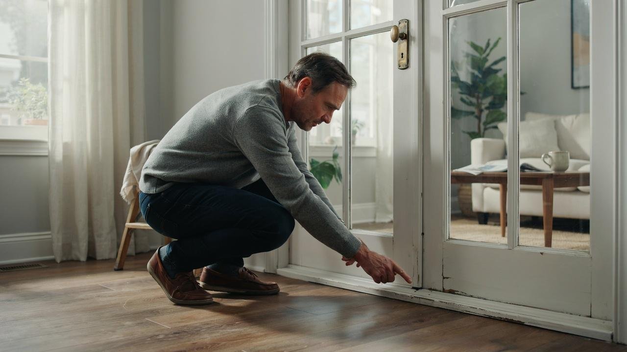 Homeowner examining a French door frame for cracks, warping, and signs of wear.