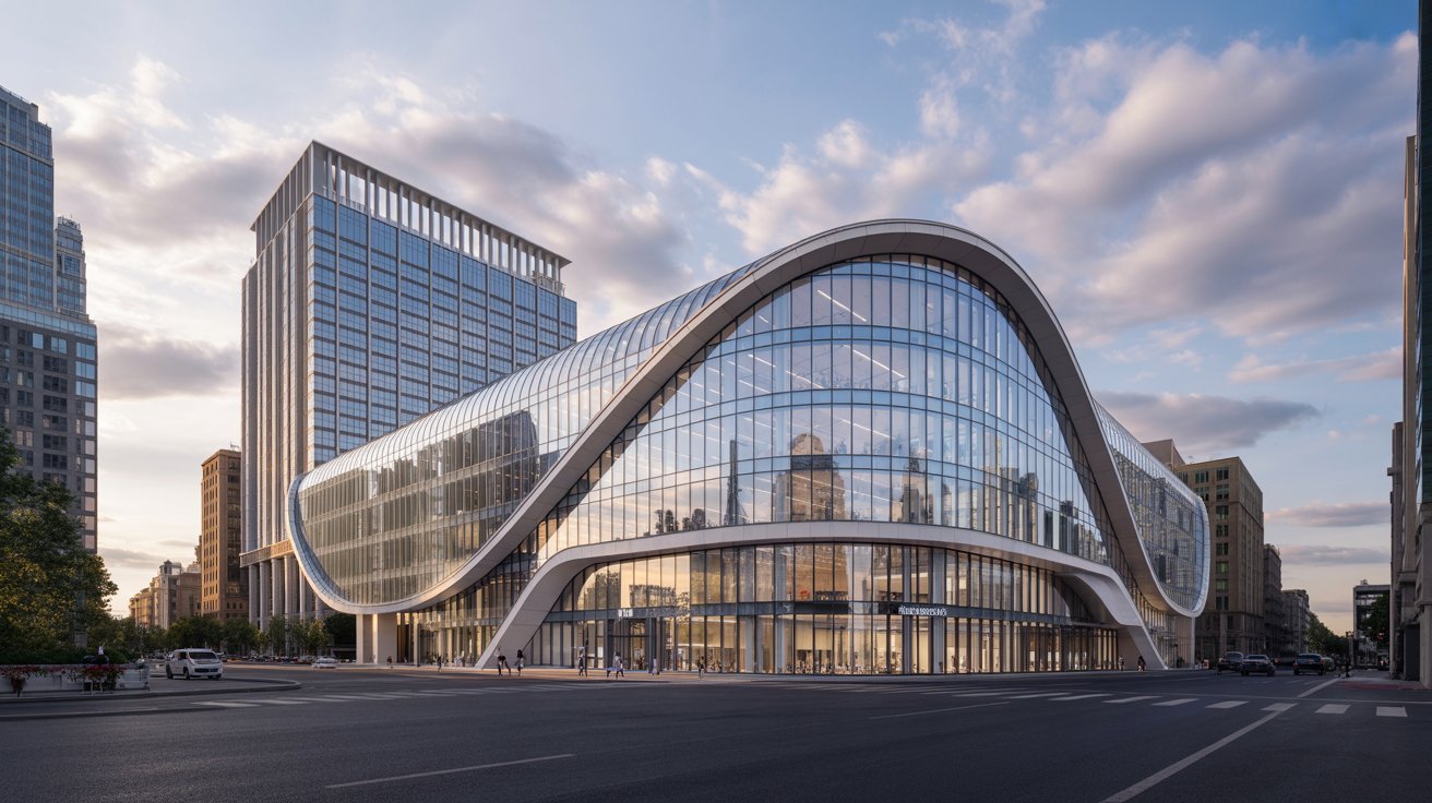 Modern curved facade architecture on a contemporary commercial building with glass and metal exterior.