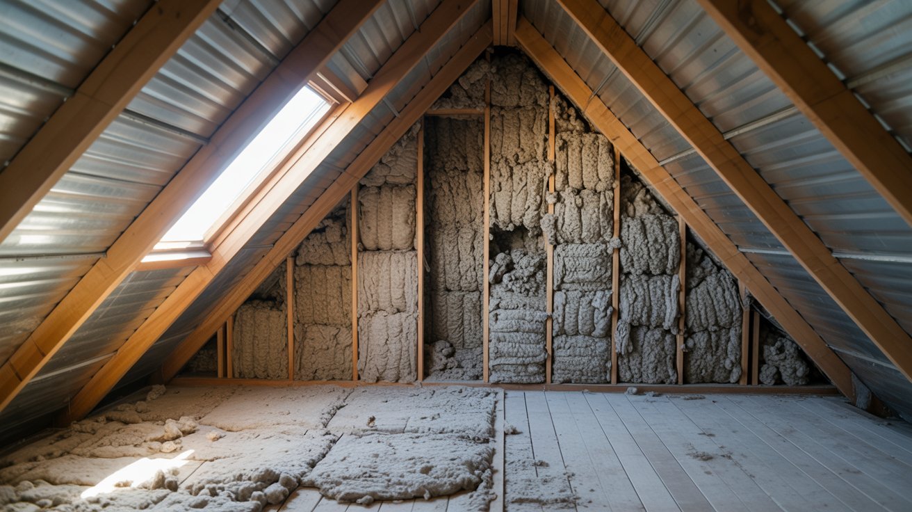 Old insulation installed in attic spaces and wall cavities.