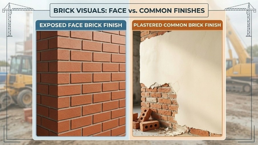 Face brick with smooth visible finish compared with rough common brick requiring plaster.