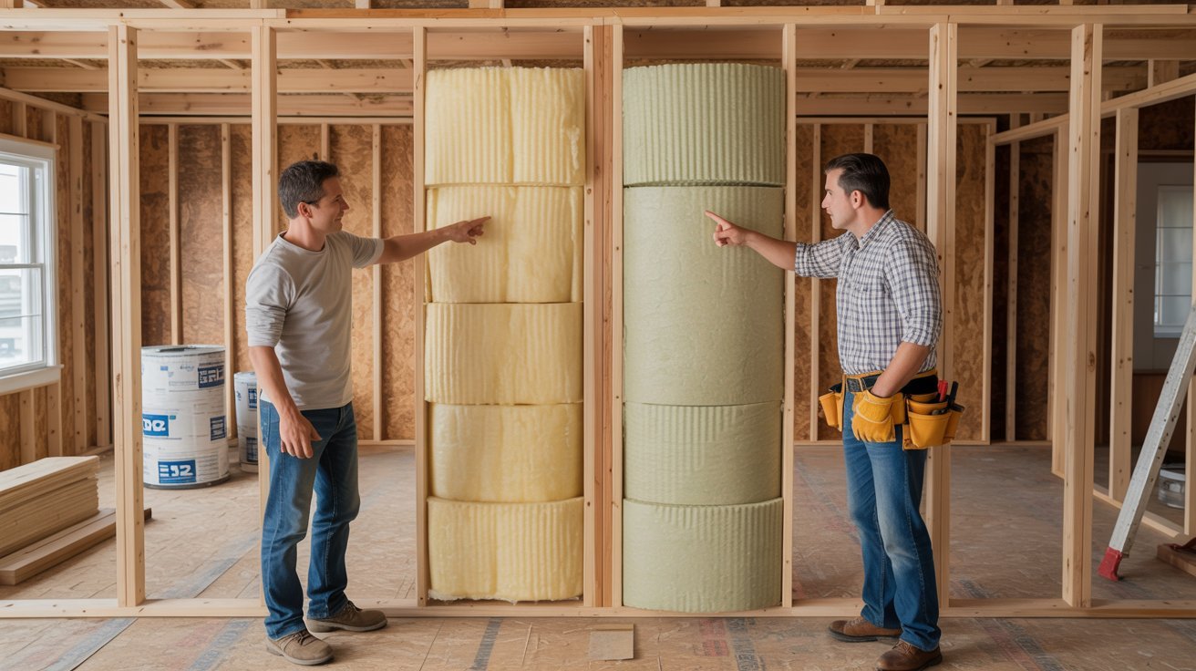 Comparison of R11 and R13 insulation installed in standard 2x4 wall framing.