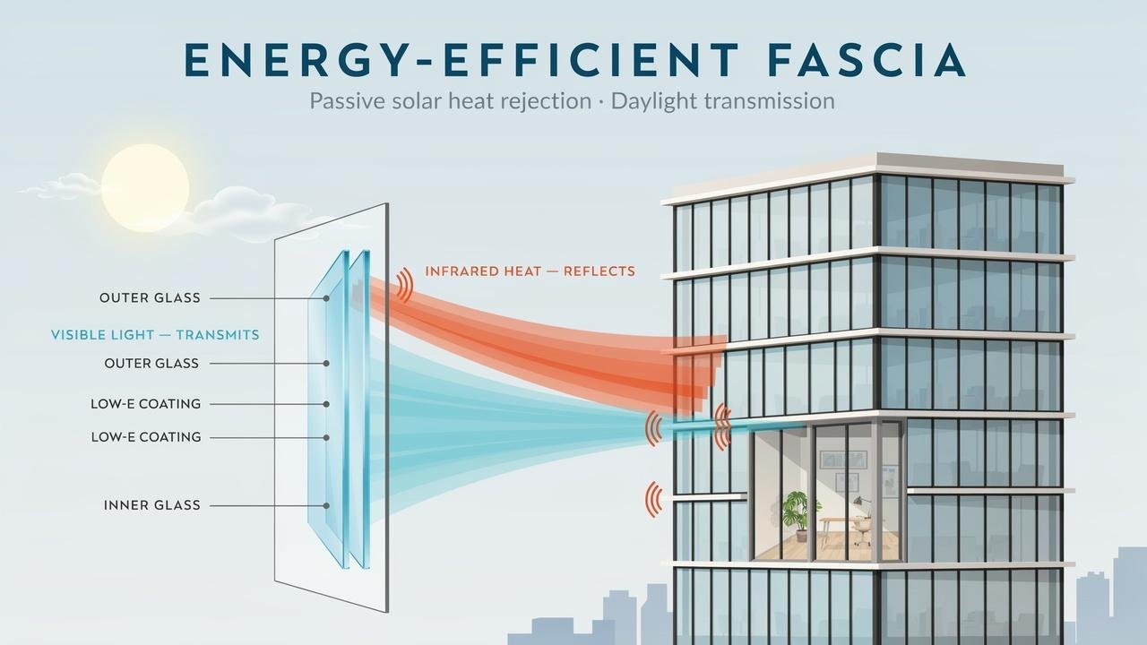 Low-E glass reflecting heat while allowing natural light into a building.