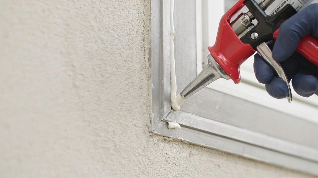Applying caulk to seal aluminum window capping seams.