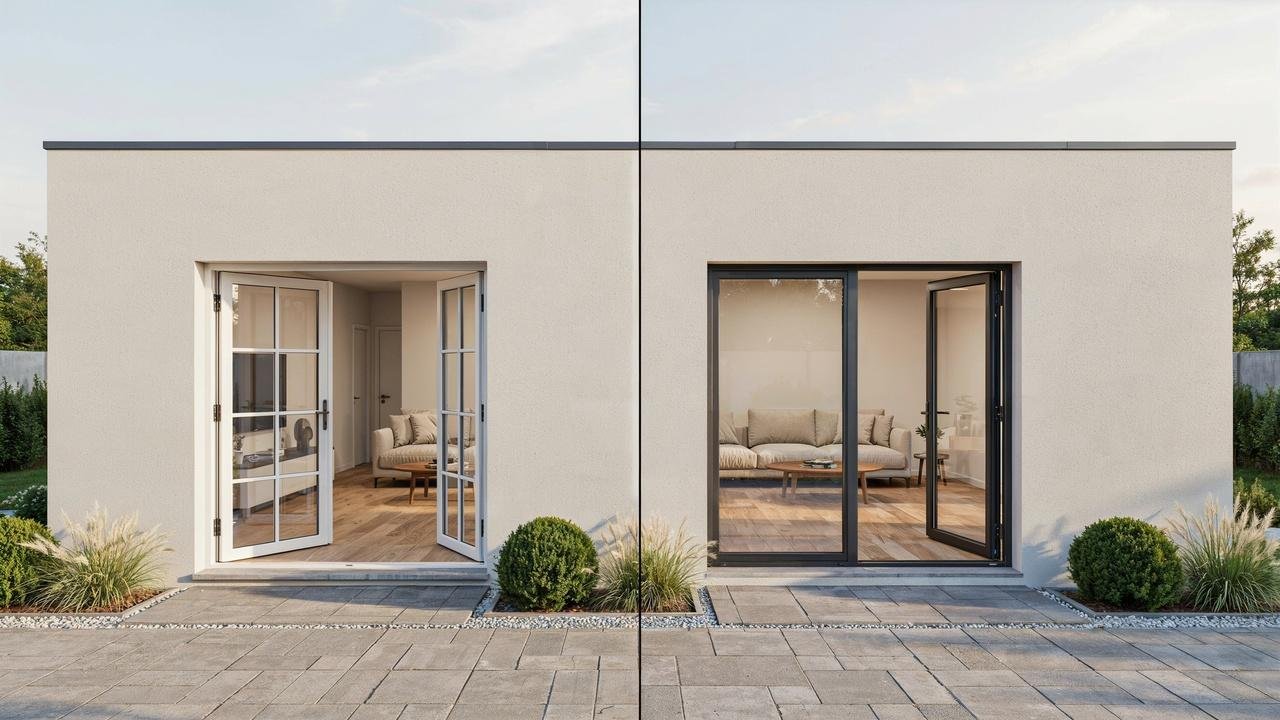 Side-by-side comparison of French doors and sliding glass doors in similar home settings.