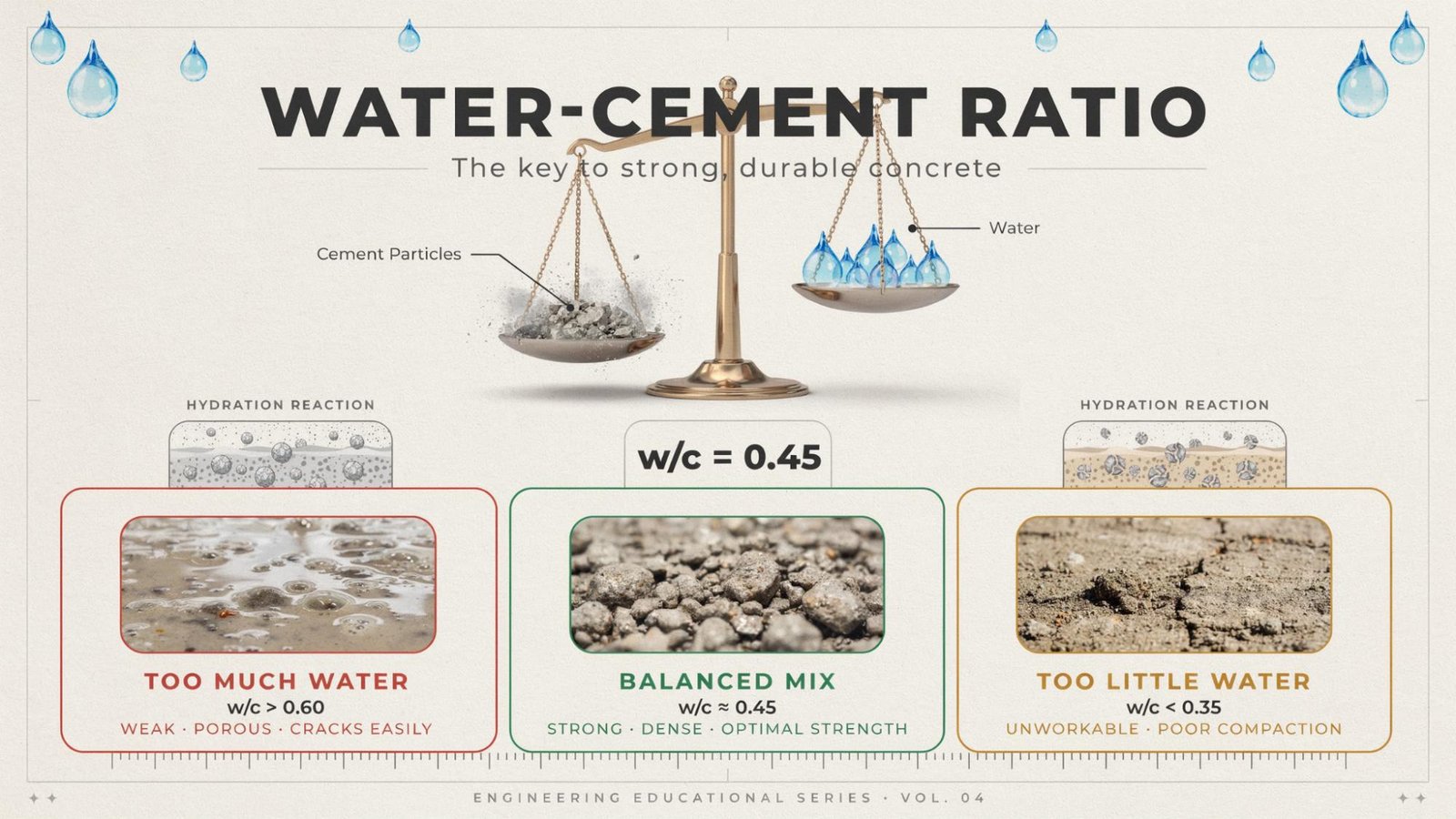 Water-cement ratio illustration showing the effect of correct and incorrect water amounts in concrete.