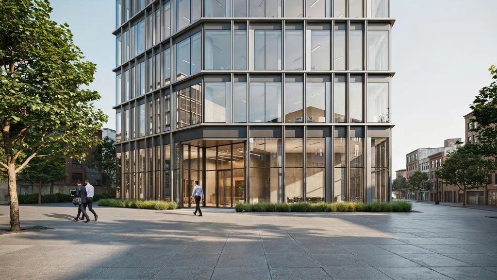 Modern building with steel curtain wall system and large glass façade.