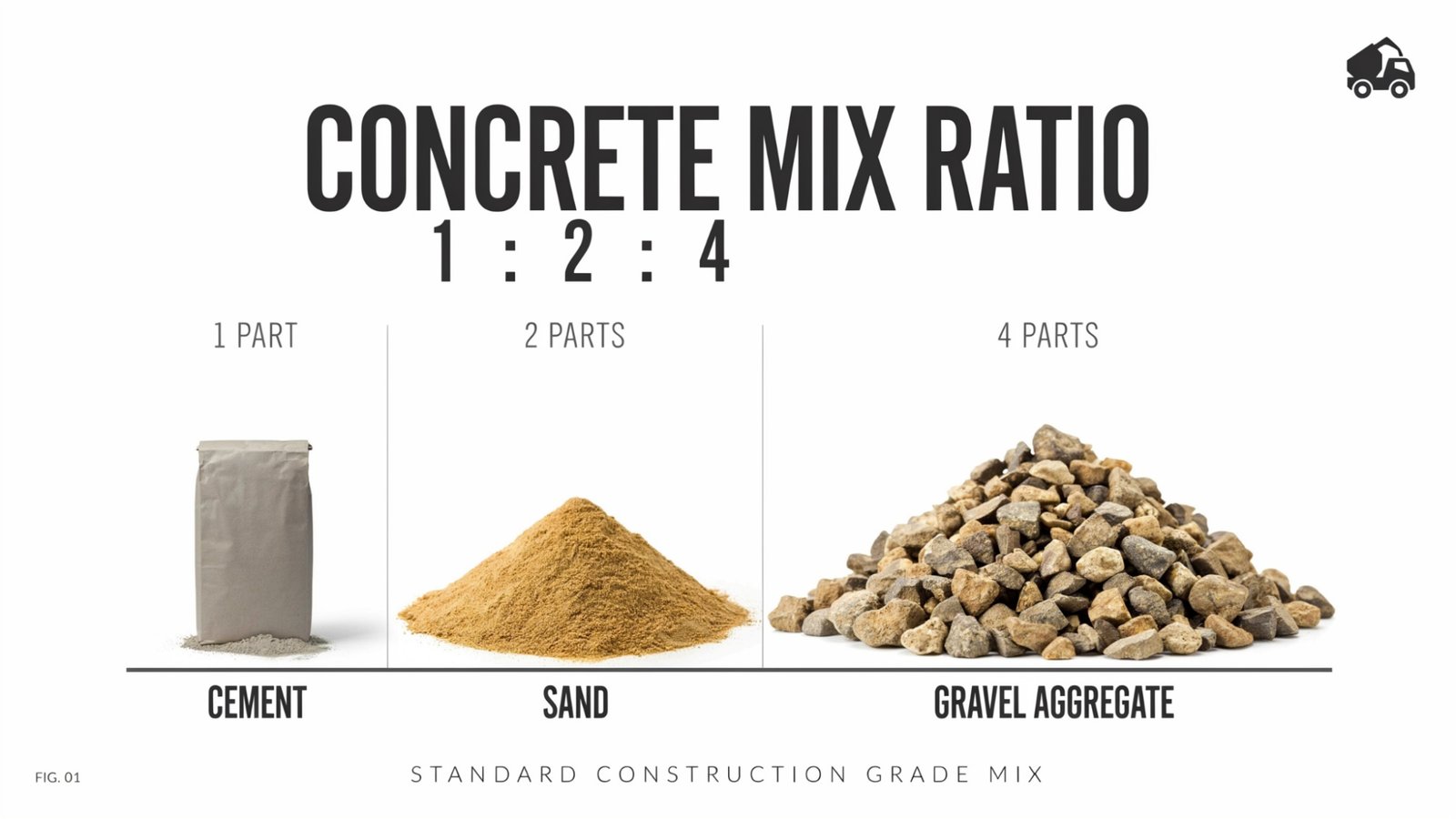 1:2:4 concrete mix ratio showing cement, sand, and aggregate proportions for basic foundation construction.
