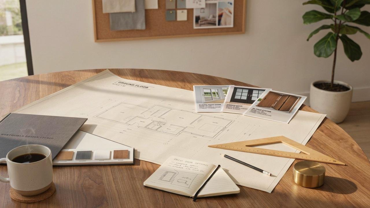 Homeowner comparing patio door styles using design samples and floor plans.