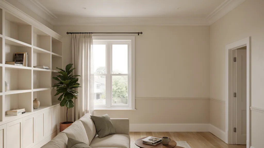 Interior millwork featuring crown molding, baseboards, door casings, window trim, and built-in shelving inside a modern residential home.