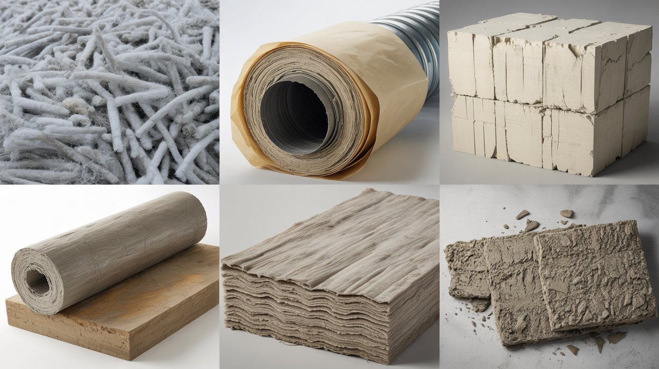 Different forms of asbestos insulation including loose-fill, pipe wrap, block, batt, and spray-on materials.