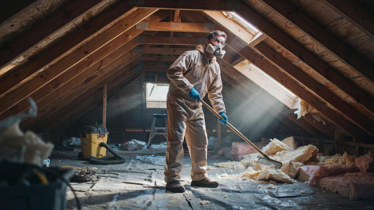 Homeowner removing old attic insulation while wearing protective safety gear.