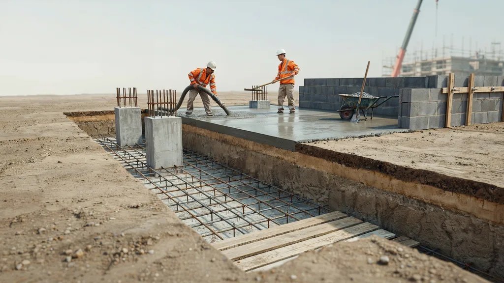 Concrete footings beneath a structure distributing load evenly into the soil.