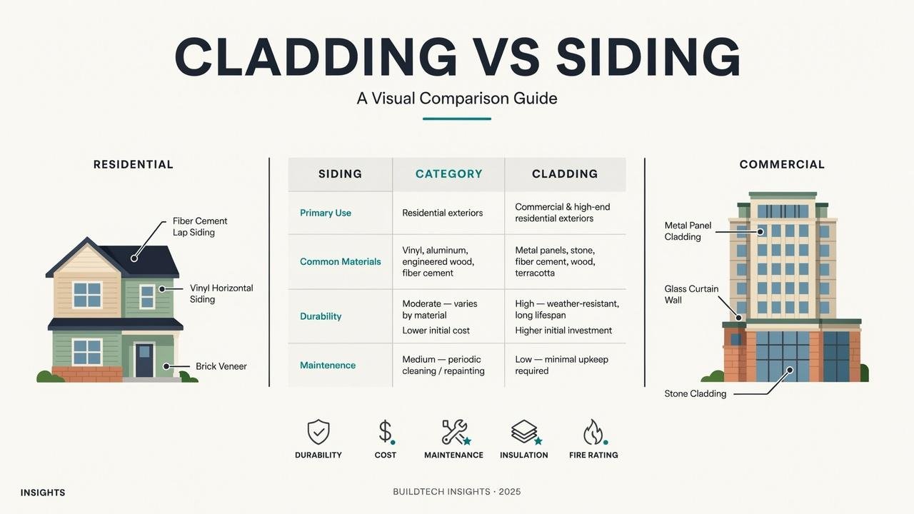 Comparison of cladding and siding used in different building types.