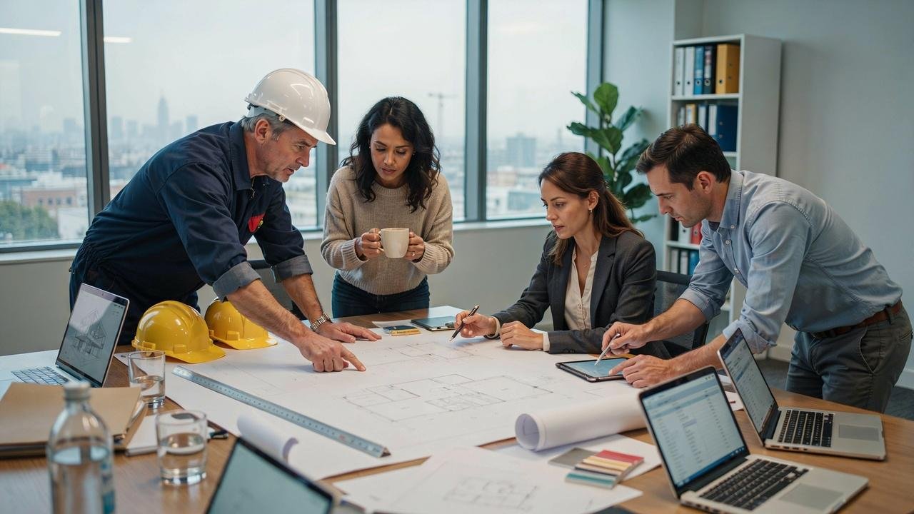 Contractor, architect, engineer, and client discussing construction project plans.