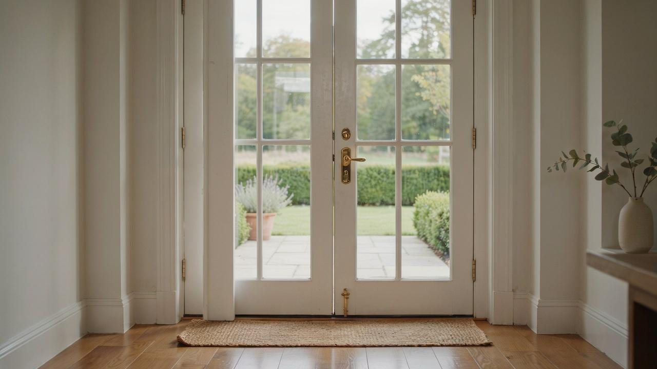 French doors with large glass panels and visible lock points highlighting common security vulnerabilities.