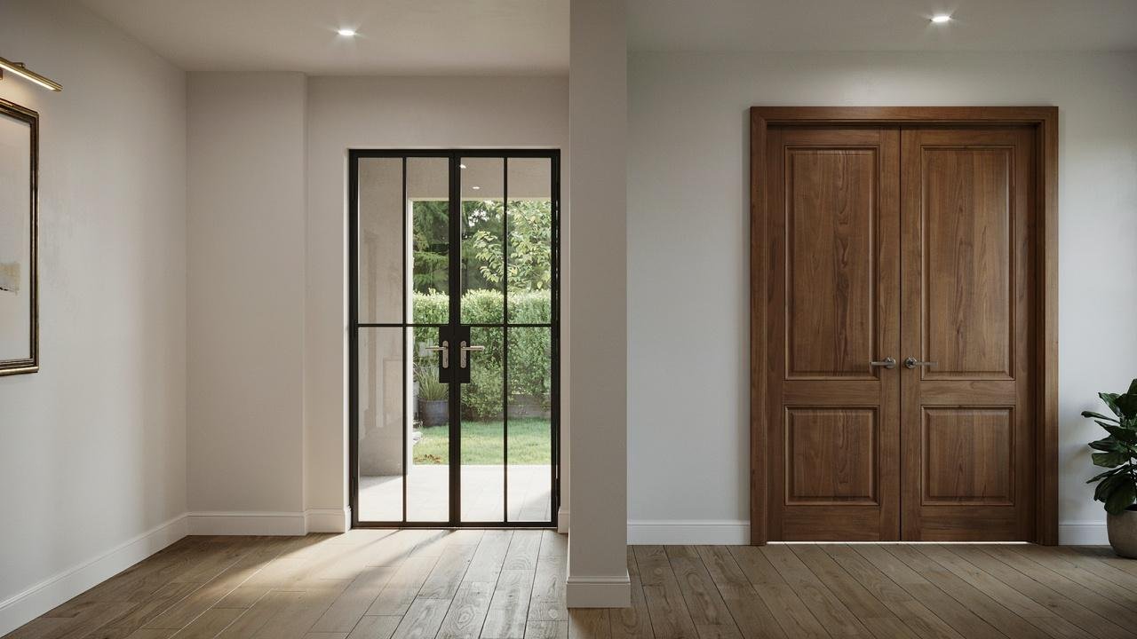 French doors and double doors displayed side by side showing design and glass differences.