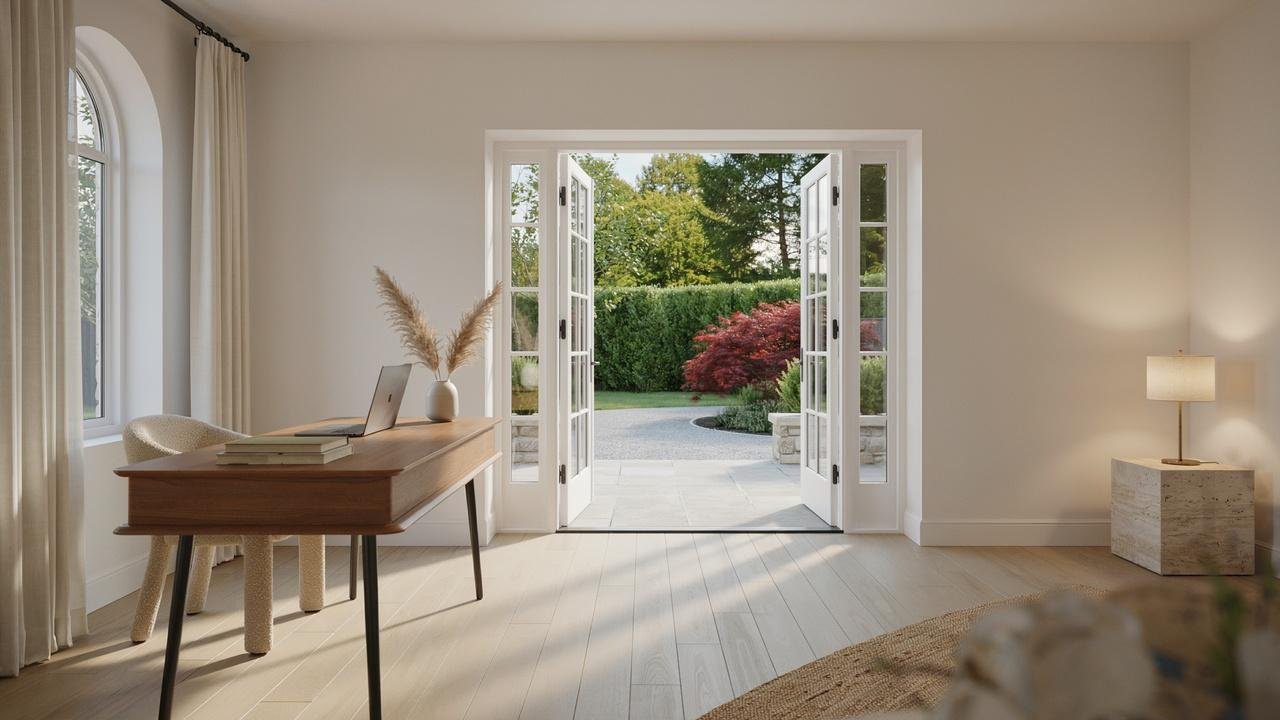 Home office with French doors providing daylight and outdoor access.