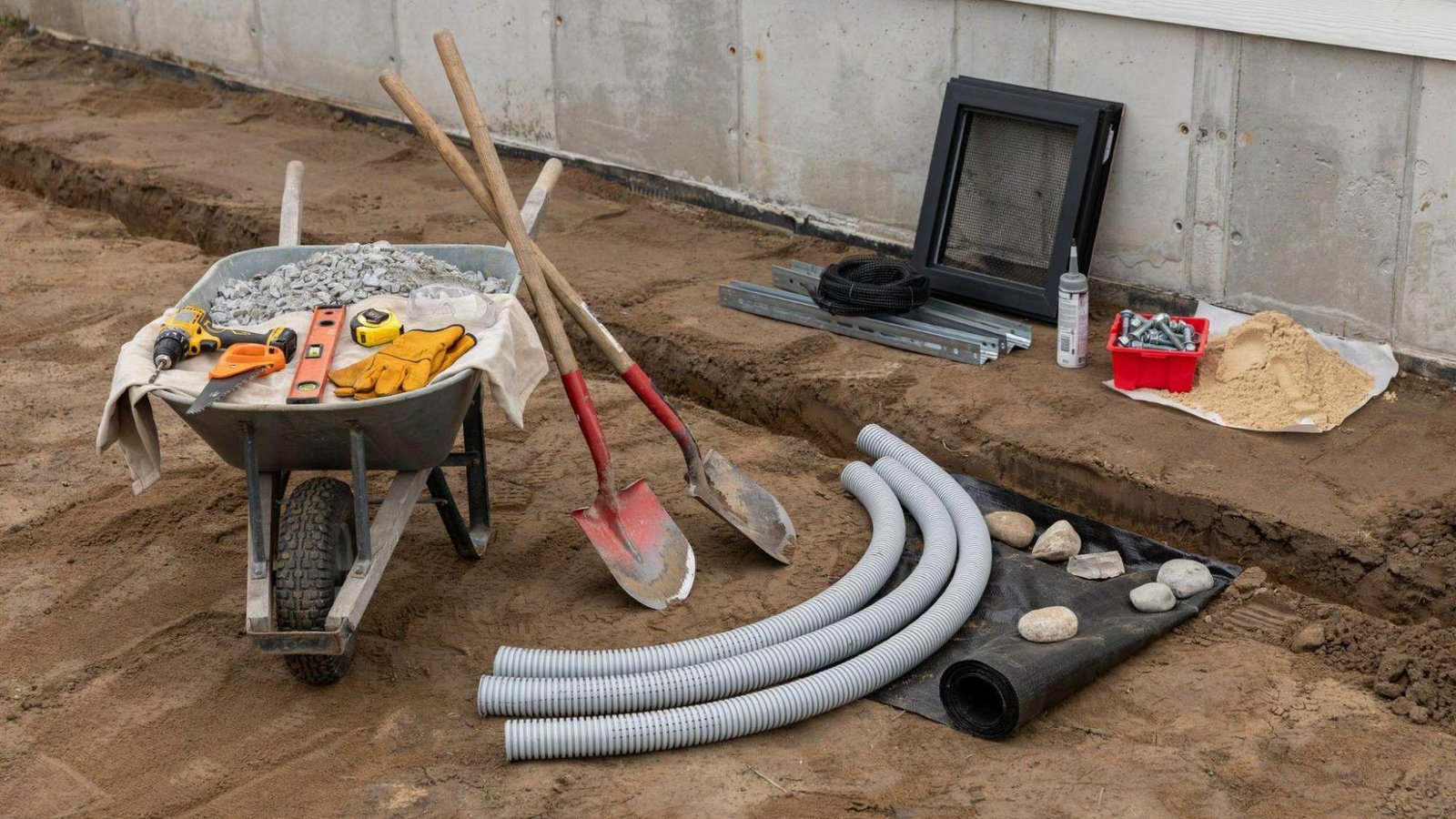 Egress window well installation tools materials gravel drainage pipe anchors and safety equipment.