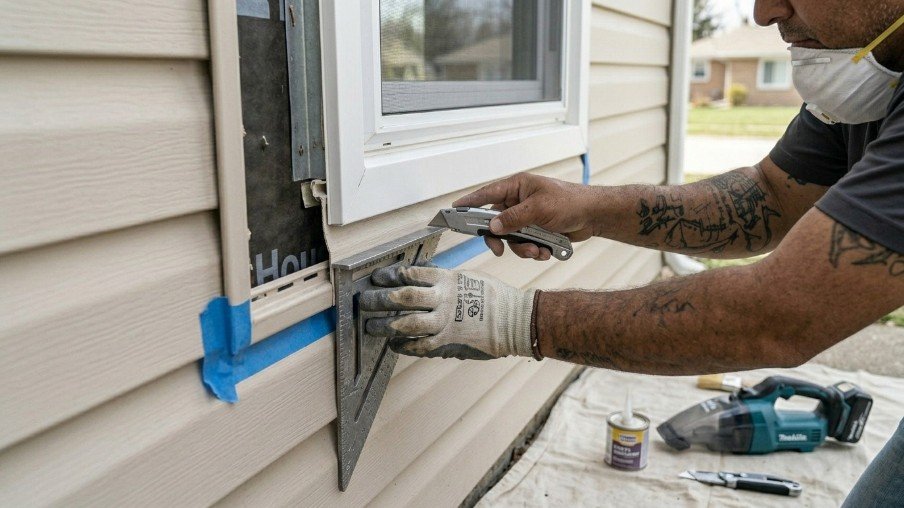 Cutting siding or cladding around a window opening during exterior installation.