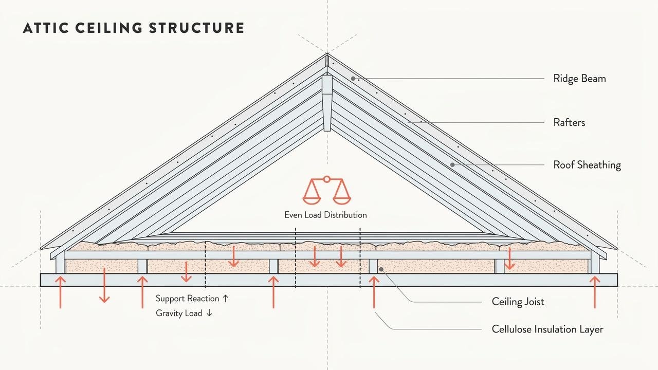 Ceiling structure safely supporting cellulose insulation with balanced load distribution.