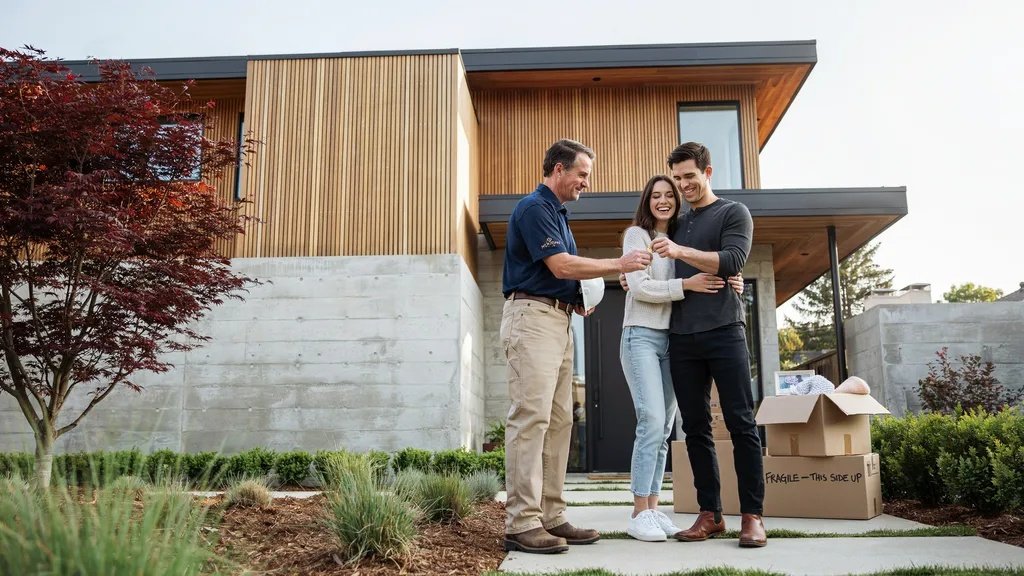 Homeowners receiving their new custom-built home keys after completion.