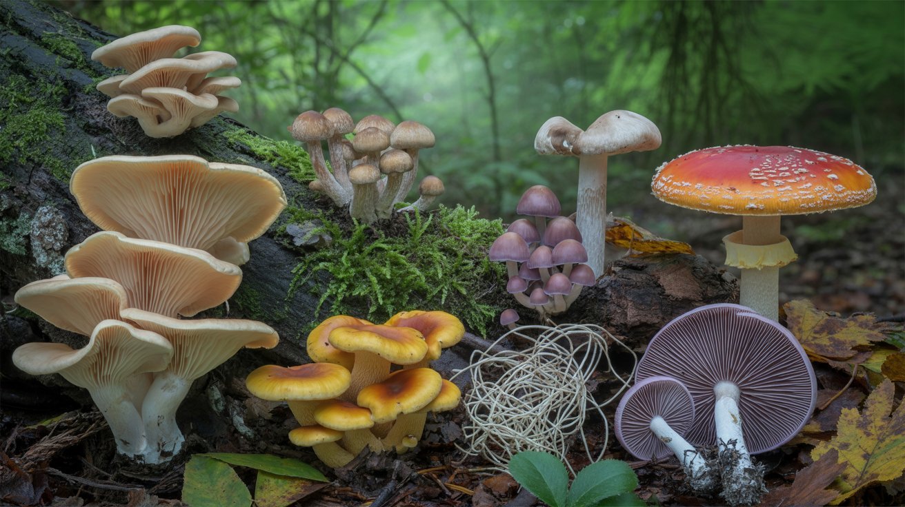 Different mushroom species growing naturally in a forest habitat.