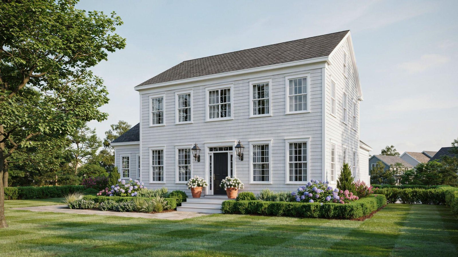 Classic home with traditional grille divided lite windows featuring timeless grid patterns and classy architecture.
