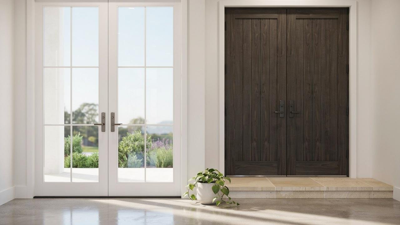 Maintenance work being performed on French doors and double doors.