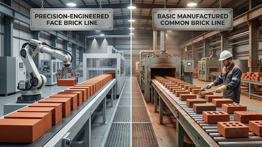 Manufacturing quality comparison showing uniform face bricks and basic common bricks.