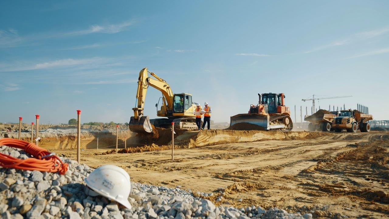 Excavator and bulldozer preparing a construction site before foundation work begins.