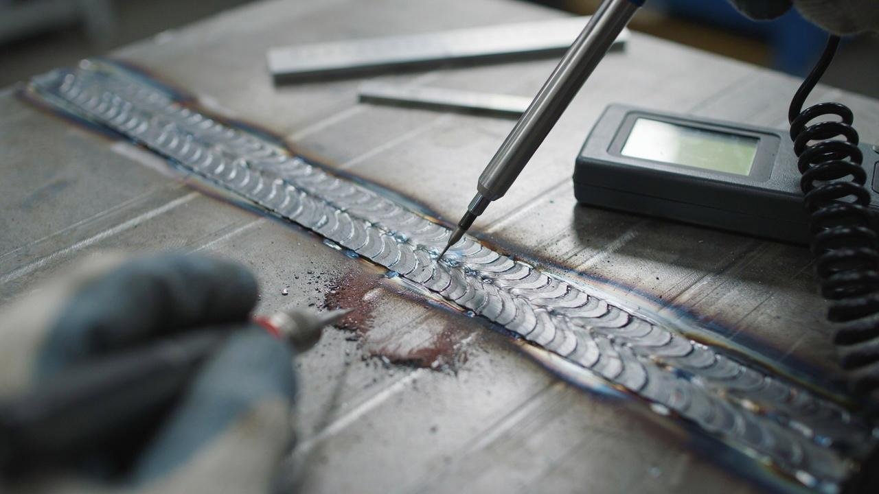 Close-up view of a weld overlay coating being inspected for bonding quality and surface defects.