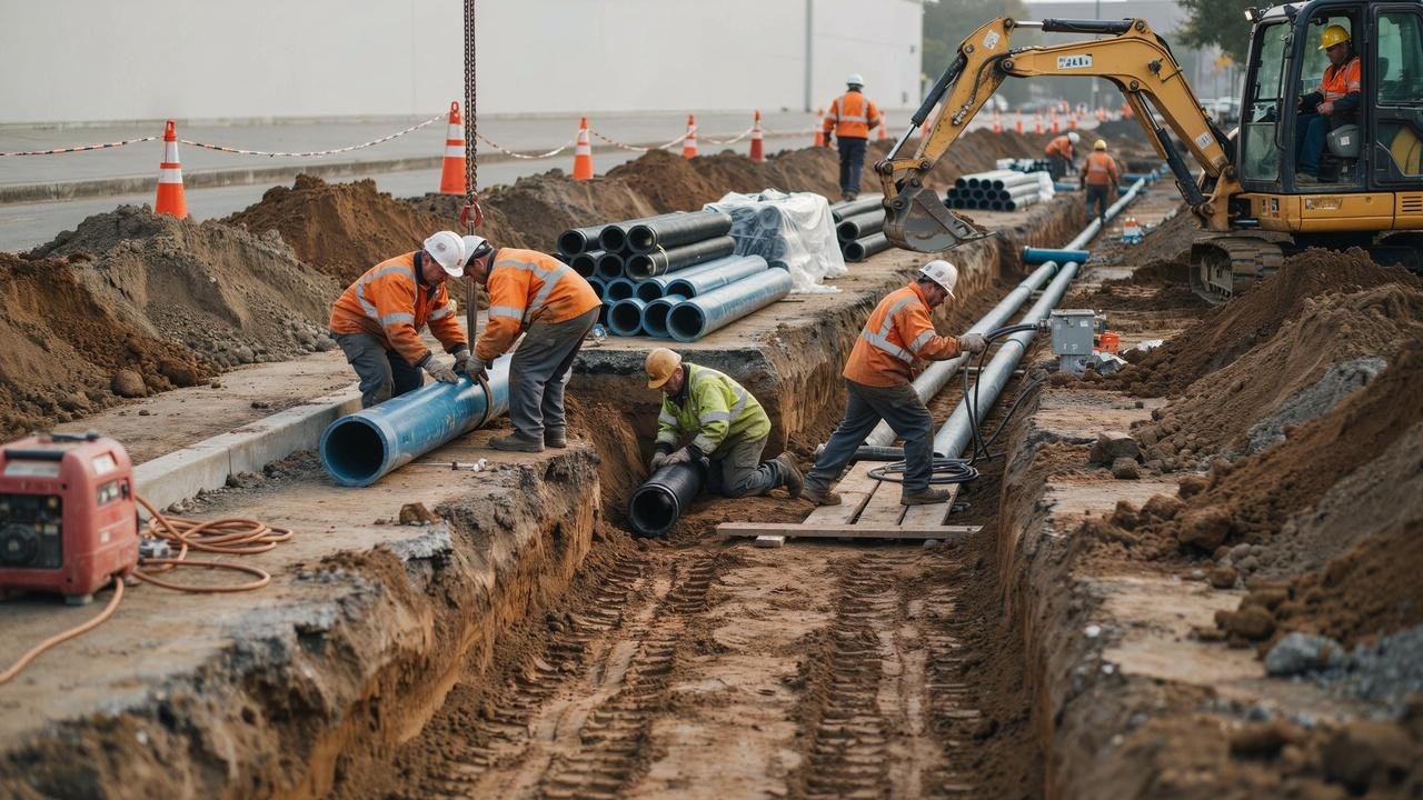 Underground utility and drainage installation at a construction site.