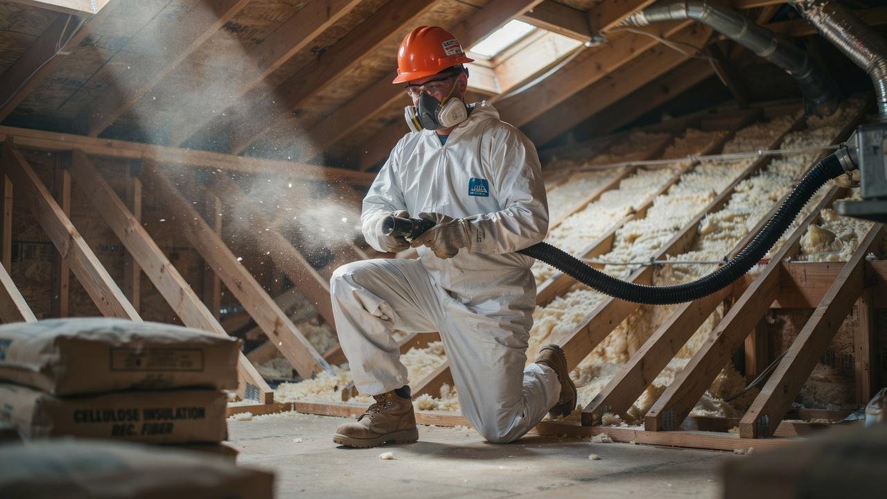 Worker installing cellulose insulation with dust during installation and clean air afterward.
