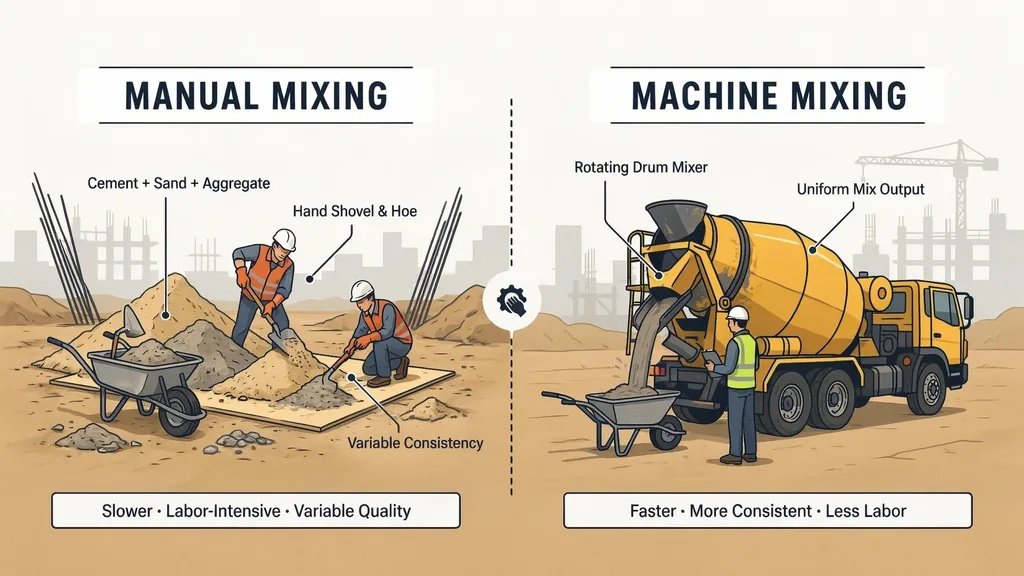 Manual concrete mixing with shovels compared with machine mixing using a concrete mixer for better consistency.