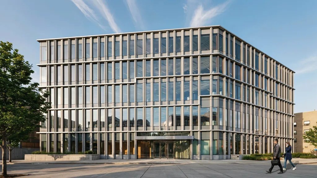 Modern building with aluminum curtain wall system and glass facade.