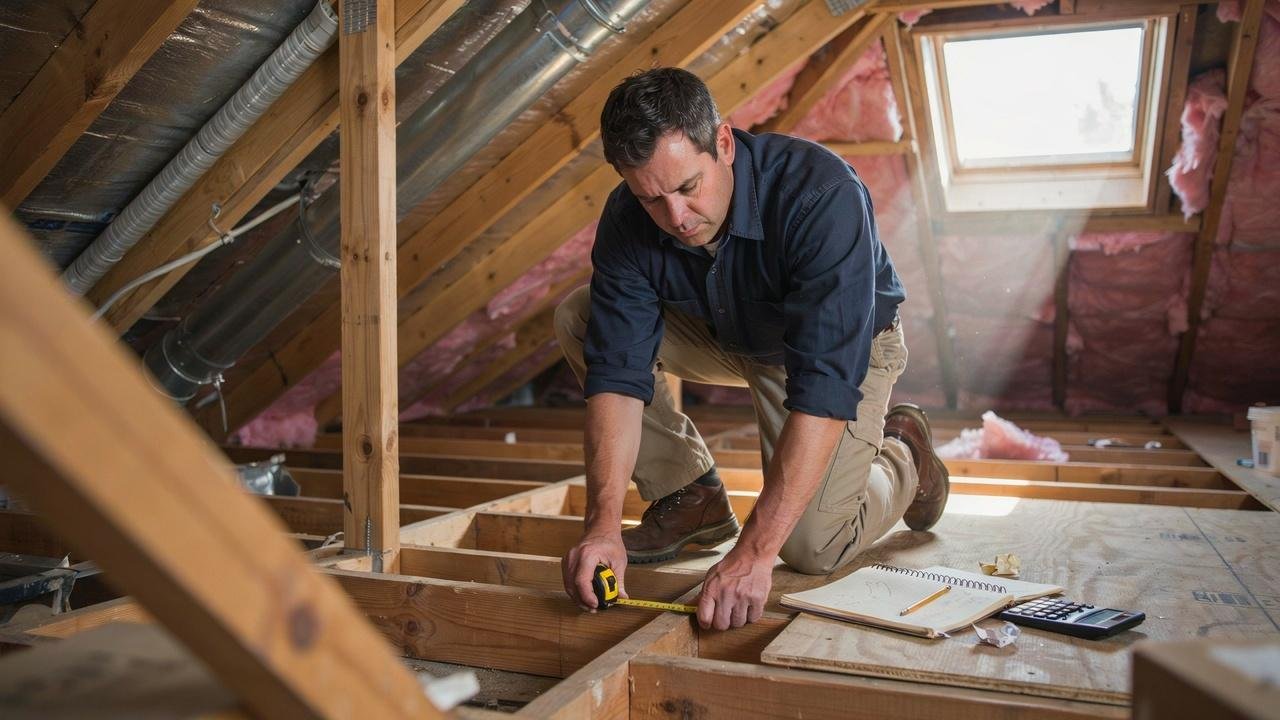 Homeowner measuring attic space before insulation removal.