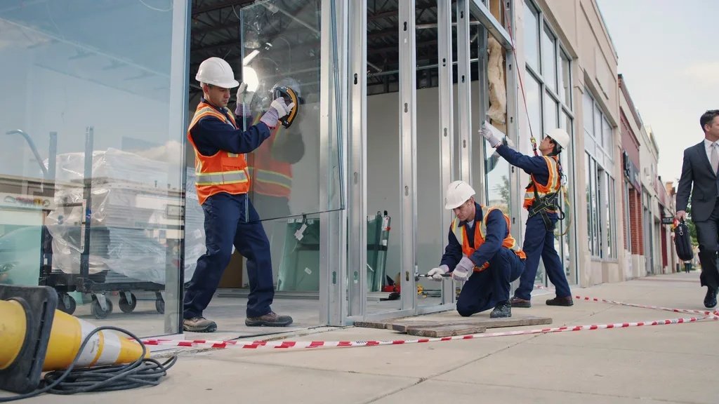 Contractor measuring storefront glass panels for an accurate replacement cost estimate.