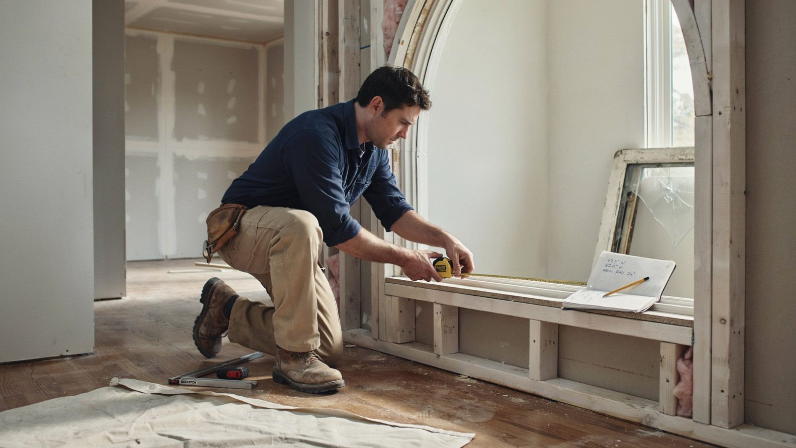Professional measuring a window to determine glass replacement requirements.