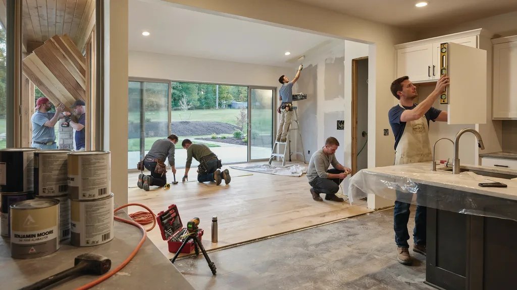 Interior and exterior finishing stage of a custom home construction project.