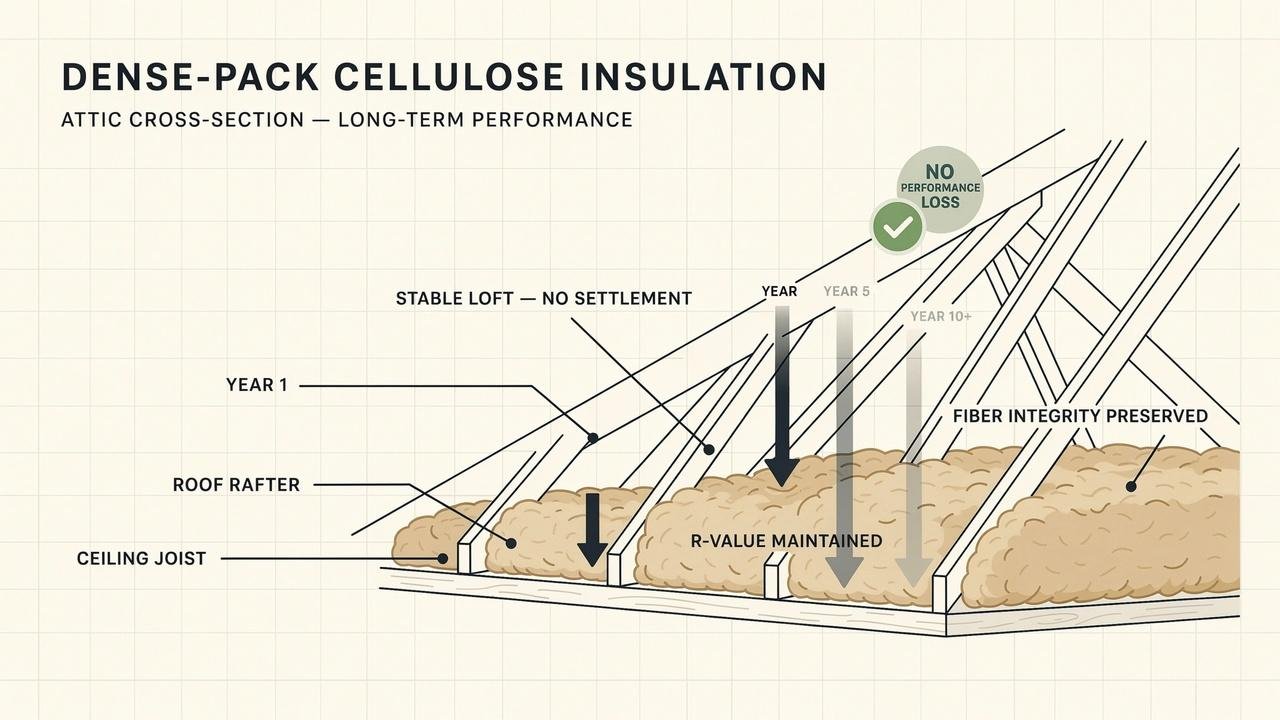 Cross-section of cellulose insulation showing long-term stability and consistent performance.