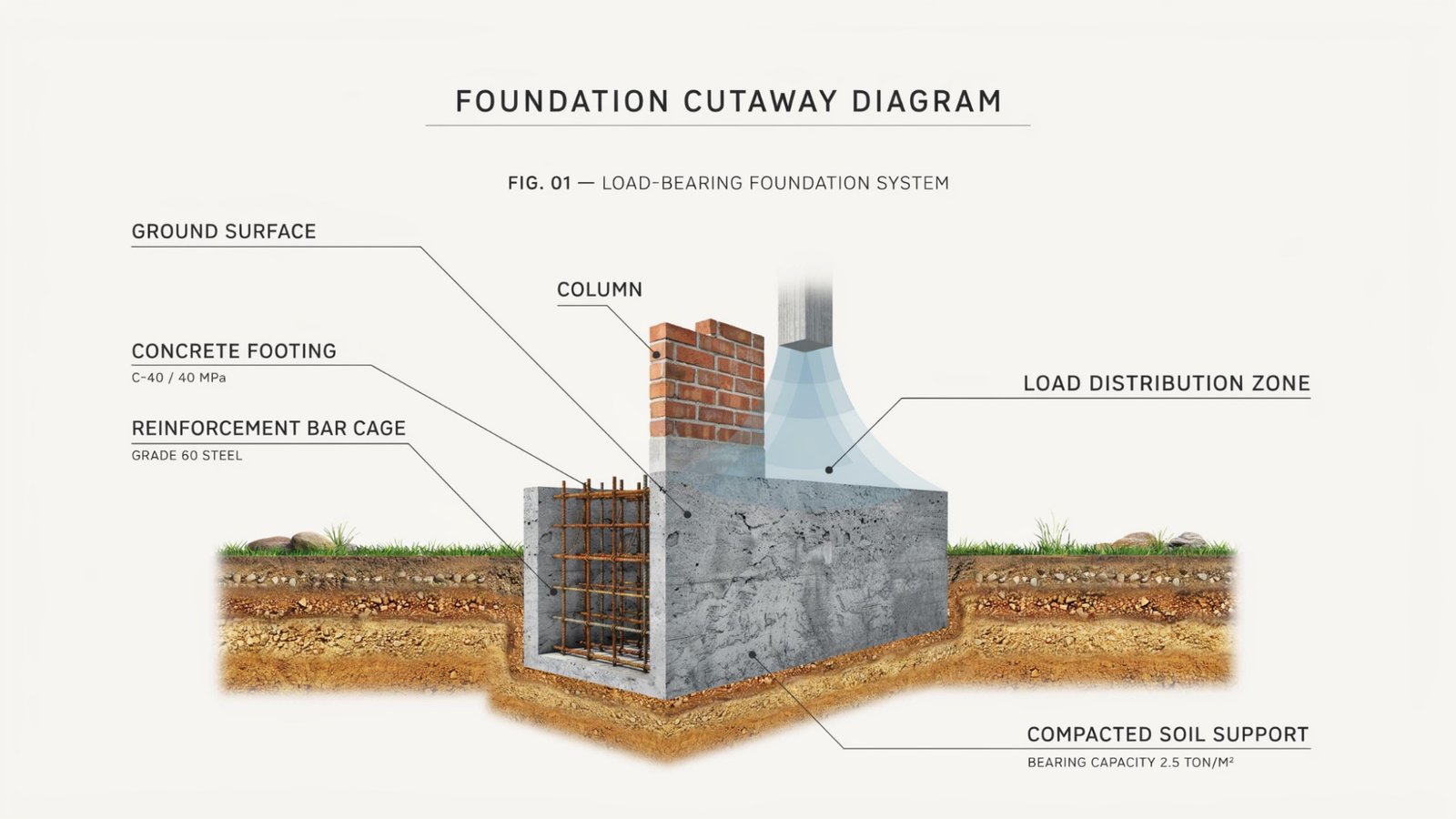 Cross-section view of a concrete foundation showing structure, reinforcement, and load support.