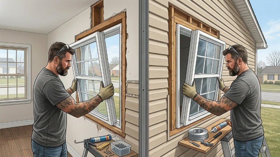 Comparison showing replacement windows installed from the inside versus outside of a home.
