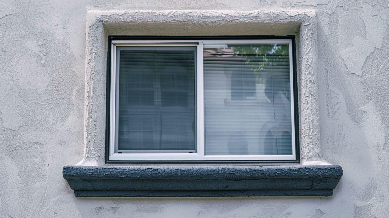 Recessed window with thick textured stucco trim and contrasting dark charcoal sill.