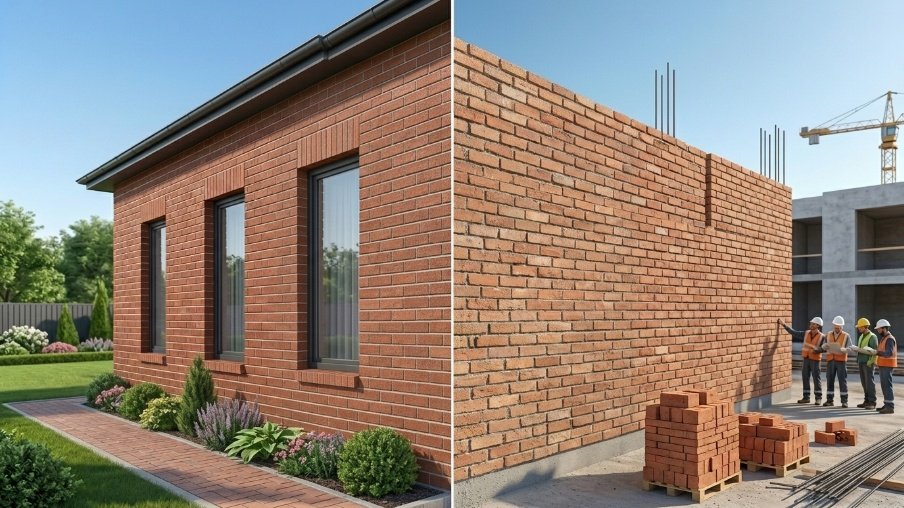 Comparison between face brick and common brick showing differences in appearance, quality, and usage.