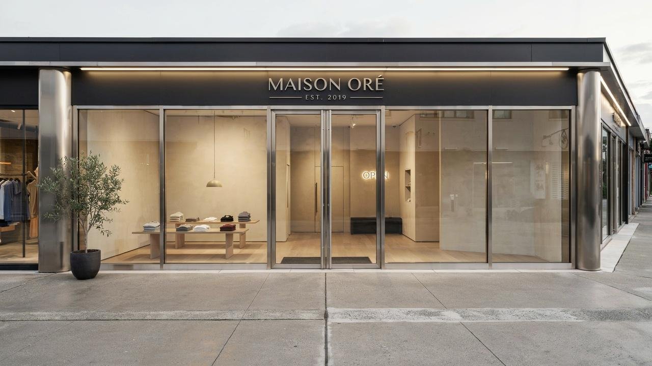 Modern commercial storefront system with aluminum framing and large glass panels.