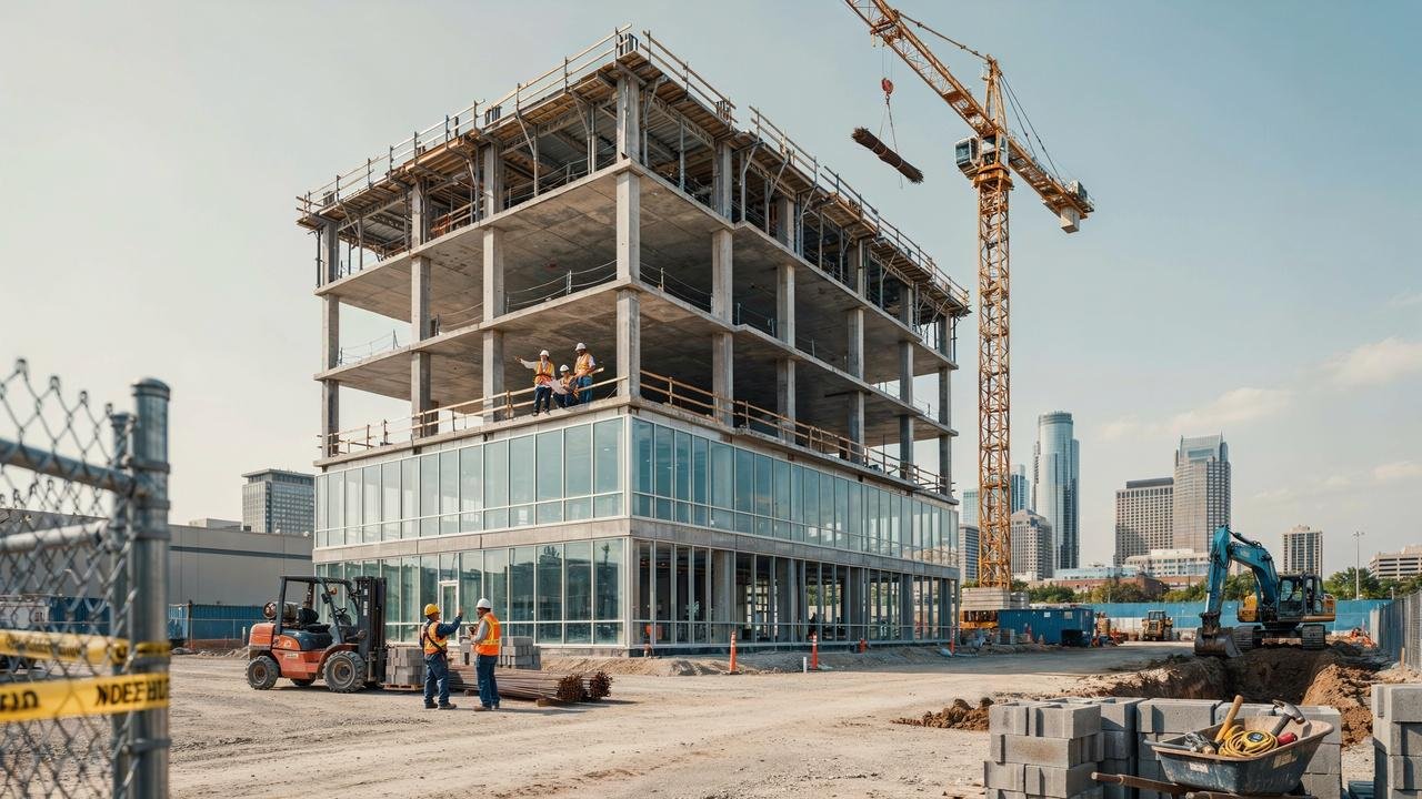 Multi-story commercial office building under construction with steel framing and tower crane.