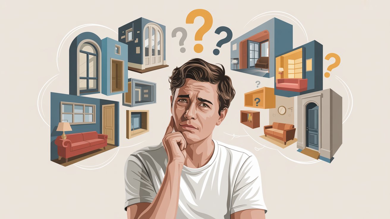 Person trying to solve a riddle by thinking about different types of rooms.