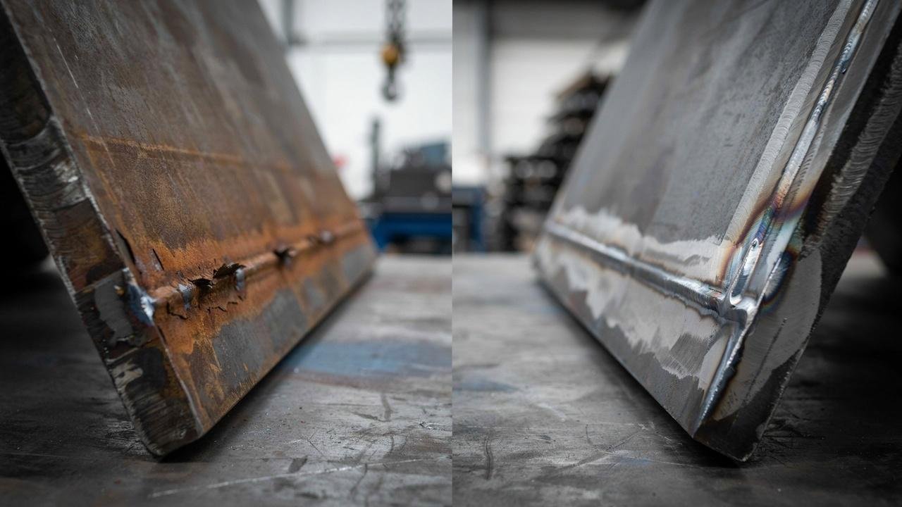 Comparison showing a worn metal component beside a protected weld overlay clad component.